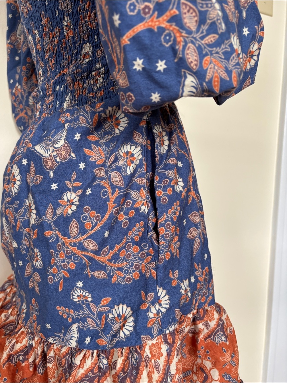 House of Harlow Navy Blue Orange Floral Puff-Sleeve Smocked Mini Dress - Picture 8 of 13